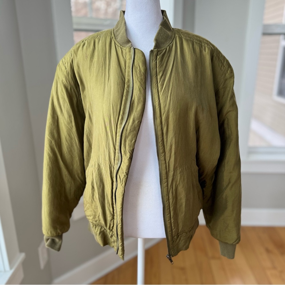 Vintage French Feu Follet Chartreuse Olive Green Silk Bomber Jacket Size Medium